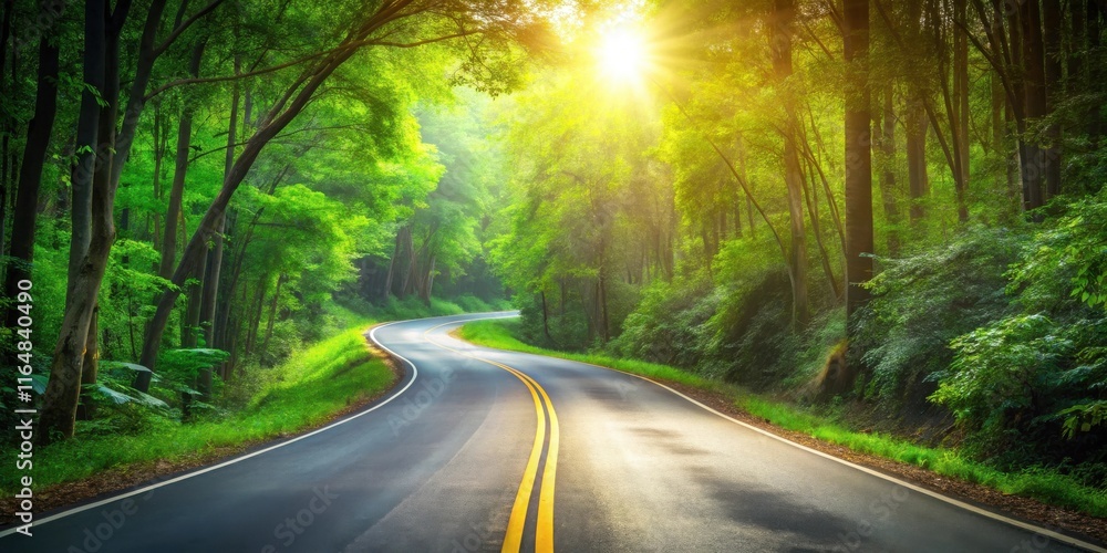Obraz premium Scenic Winding Road Through Lush Green Forest Canopy at Sunrise