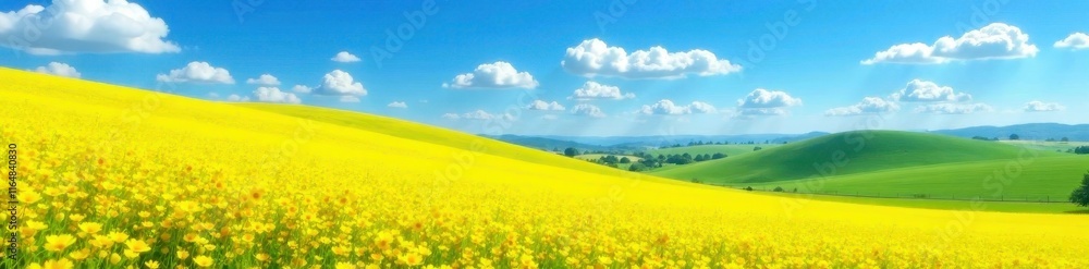 Rolling hills of bright yellow rapeseed, clear blue sky, day, vibrant, countryside Rolling hills of bright yellow rapeseed, clear blue sky, day, vibrant, countryside