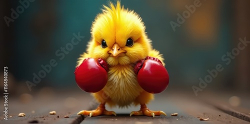 Fluffy chick in tiny boxing gloves, ready to rumble , sport, wildlife, element