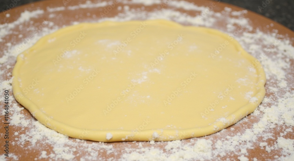 A close up of a dough on a wooden surface with flour, space for text A close up of a dough on a wooden surface with flour, space for text