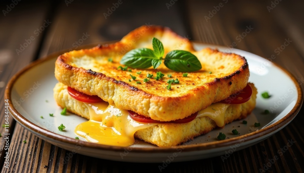 Crispy croque monsieur, oozing cheese, rustic plate, French style, food, crispy, appetizer Crispy croque monsieur, oozing cheese, rustic plate, French style, food, crispy, appetizer