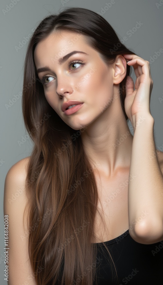 A stunning young woman with long, flowing hair poses gracefully, her expression reflecting deep contemplation. The soft lighting accentuates her flawless skin and delicate features, creating an A stunning young woman with long, flowing hair poses gracefully, her expression reflecting deep contemplation. The soft lighting accentuates her flawless skin and delicate features, creating an