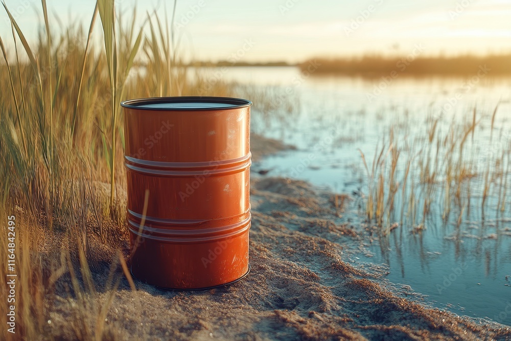 Bright Orange Barrel Near Calm Water Body Surrounded by Green Grass and Marshy Landscape at Sunset Under Clear Blue Sky in Nature Bright Orange Barrel Near Calm Water Body Surrounded by Green Grass and Marshy Landscape at Sunset Under Clear Blue Sky in Nature