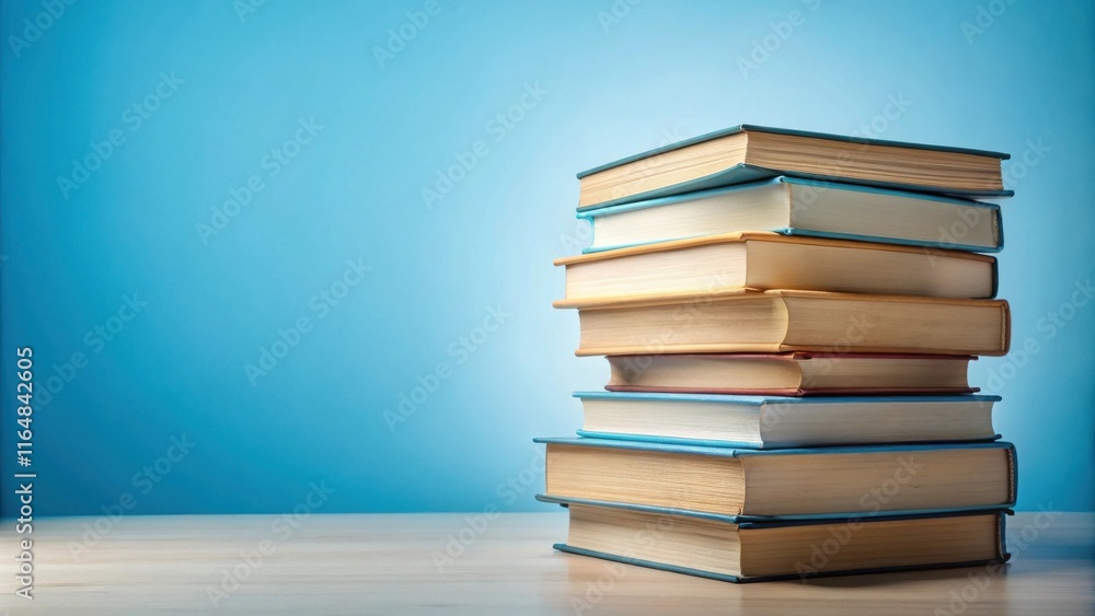 A neatly stacked pile of various books against a serene blue background on a wooden surface. A neatly stacked pile of various books against a serene blue background on a wooden surface.