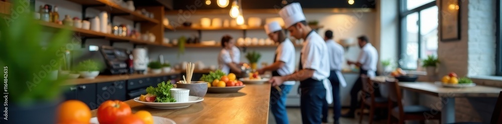 Blurred cafe interior, chefs at work, food prep, service, barista, delicious, coffee shop Blurred cafe interior, chefs at work, food prep, service, barista, delicious, coffee shop