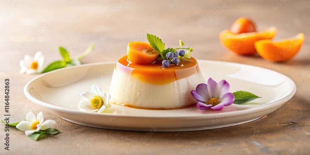 Creamy Panna Cotta Dessert with Caramel Glaze, Fresh Berries, and Delicate Floral Garnish on Elegant Plate Creamy Panna Cotta Dessert with Caramel Glaze, Fresh Berries, and Delicate Floral Garnish on Elegant Plate