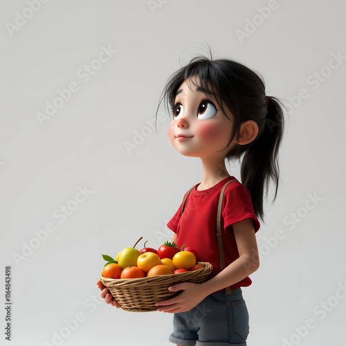Adorable Cartoon Girl Holding a Basket of Fresh Fruits, Delightful Summer Day,  Cheerful 3D Rendered Illustration