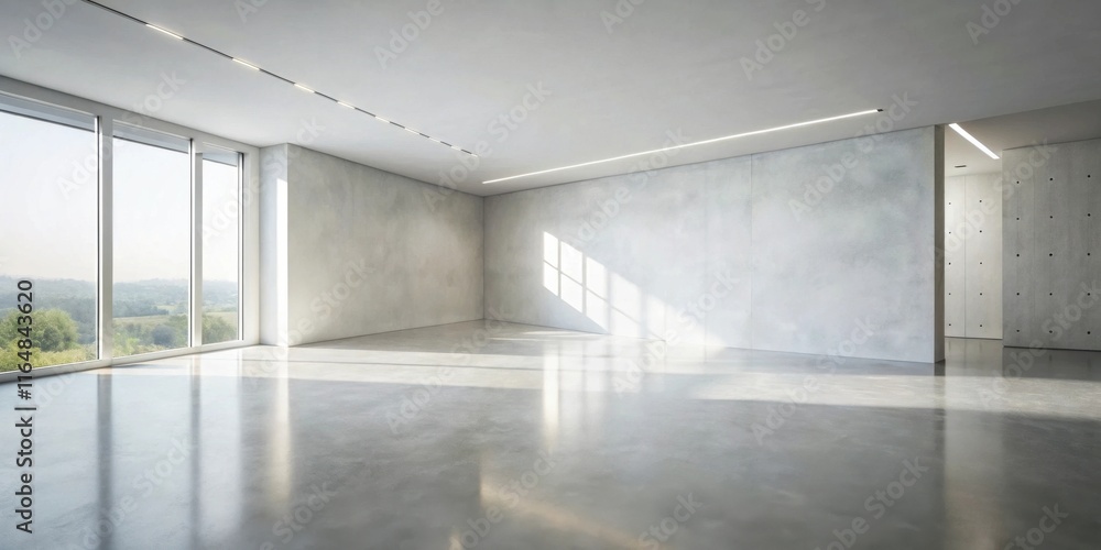 Modern minimalist empty room with polished concrete floor and large window showcasing a scenic view Modern minimalist empty room with polished concrete floor and large window showcasing a scenic view