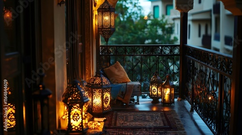 Ramadan lanterns illuminating balcony at dusk, creating cozy ambiance photo