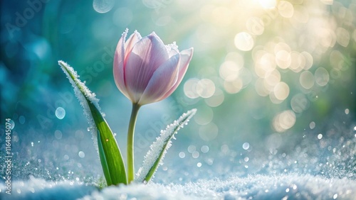 A delicate pink tulip bravely emerges from the snow, its petals kissed by frost in a sunlit winter scene. photo