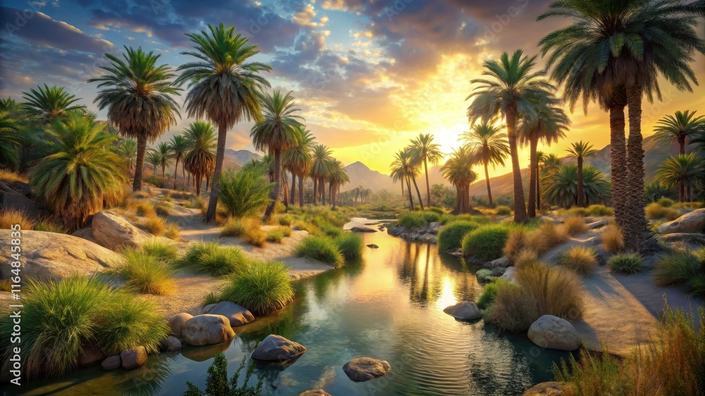 Obraz premium Serene Oasis at Sunset A Tranquil Stream Flows Through Lush Palm Grove, Bathed in Golden Light