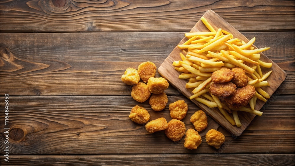 Crispy Chicken Nuggets and Golden French Fries on Rustic Wooden Board Crispy Chicken Nuggets and Golden French Fries on Rustic Wooden Board