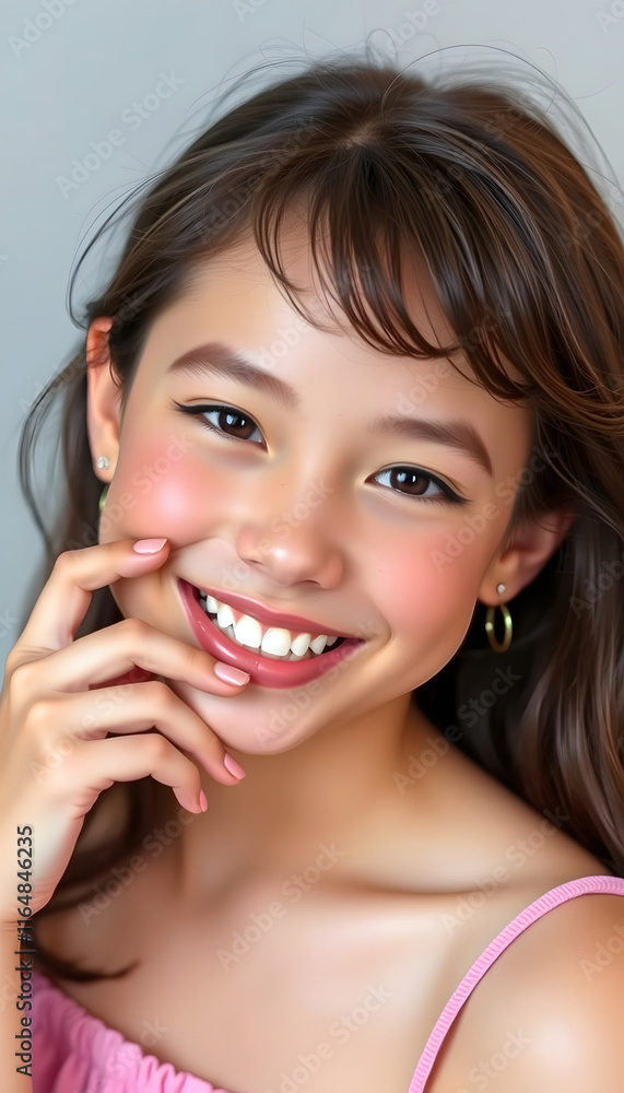 cute girl with perfect smile and glossy lips touching her cheek and smiling, isometry, with white tones