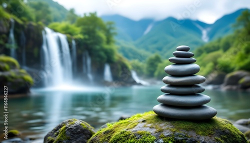 zen, stones, stacked, moss, rock, waterfall, gentle, mist, rising, mountain, range, lush, background, serene, tranquil, harmony, nature, balance, peaceful, meditative, scenic, outdoors, natural, calm, photo