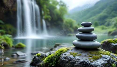 zen, stones, stacked, moss, rock, waterfall, gentle, mist, rising, mountain, range, lush, background, serene, tranquil, harmony, nature, balance, peaceful, meditative, scenic, outdoors, natural, calm, photo