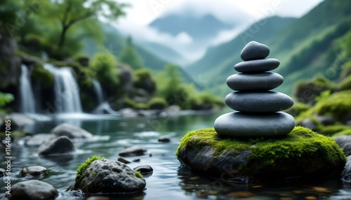 zen, stones, stacked, moss, rock, waterfall, gentle, mist, rising, mountain, range, lush, background, serene, tranquil, harmony, nature, balance, peaceful, meditative, scenic, outdoors, natural, calm, photo