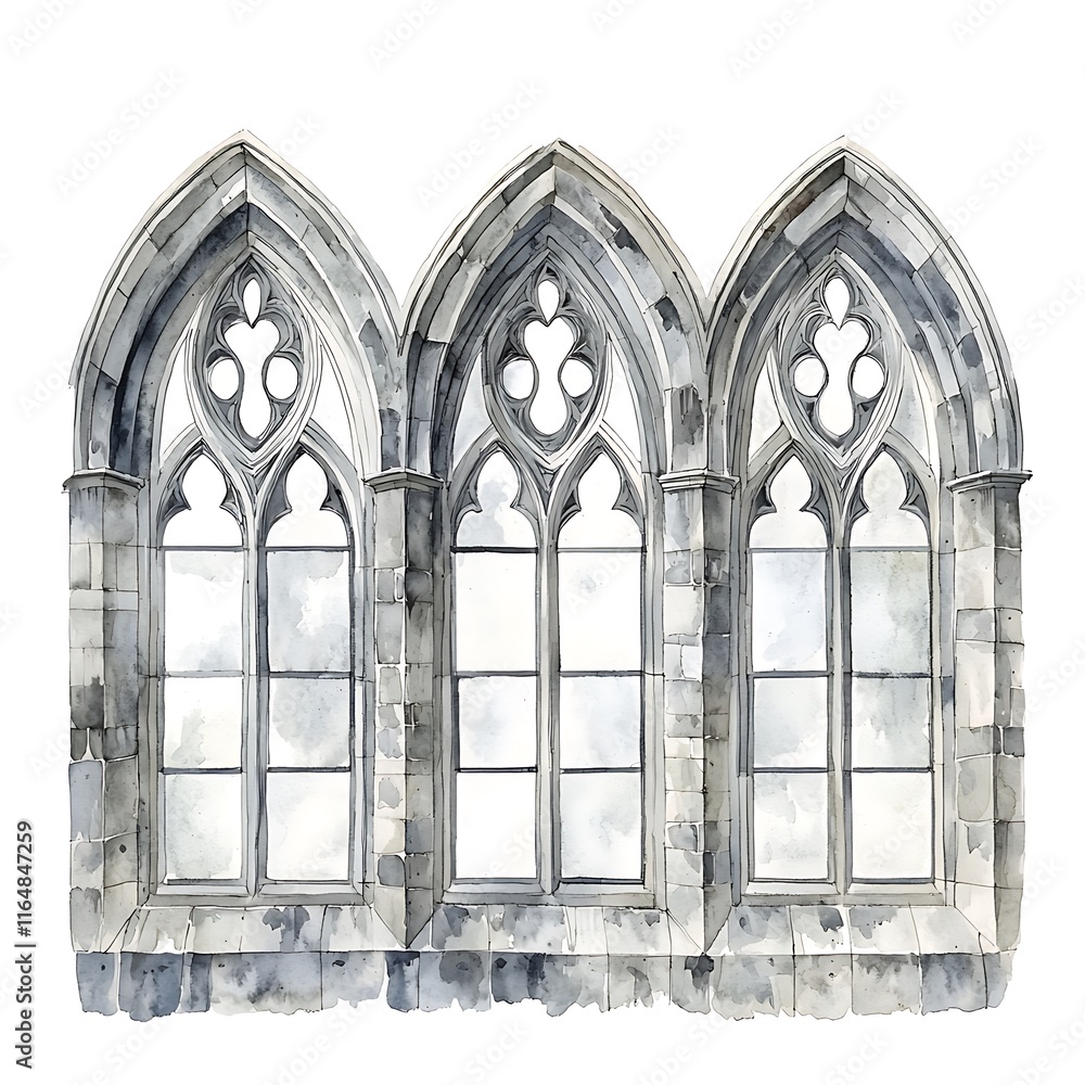 Watercolor Painting of a Triple Gothic Arch Window with Stonework Detail. Watercolor Painting of a Triple Gothic Arch Window with Stonework Detail.
