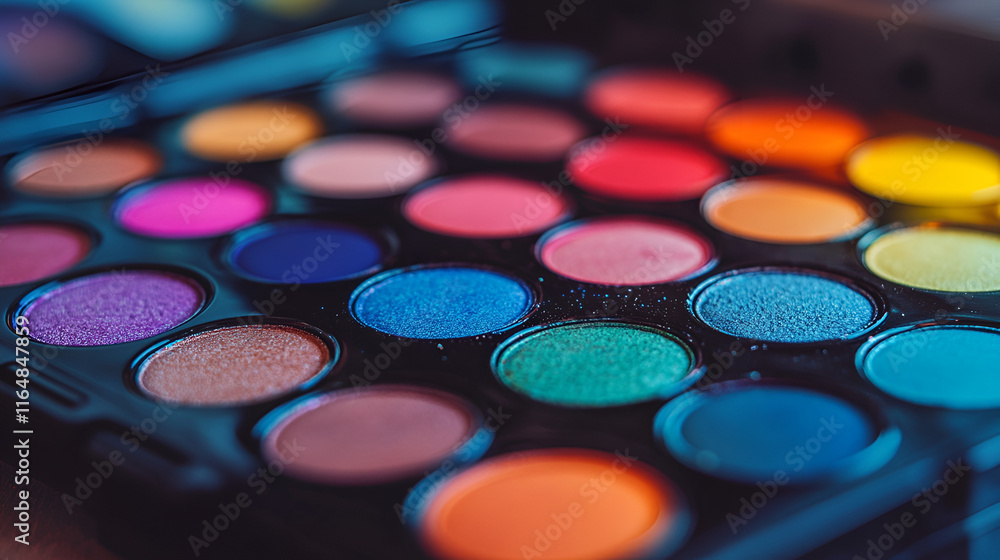 Close-up of a vibrant makeup palette with various colors. Close-up of a vibrant makeup palette with various colors.