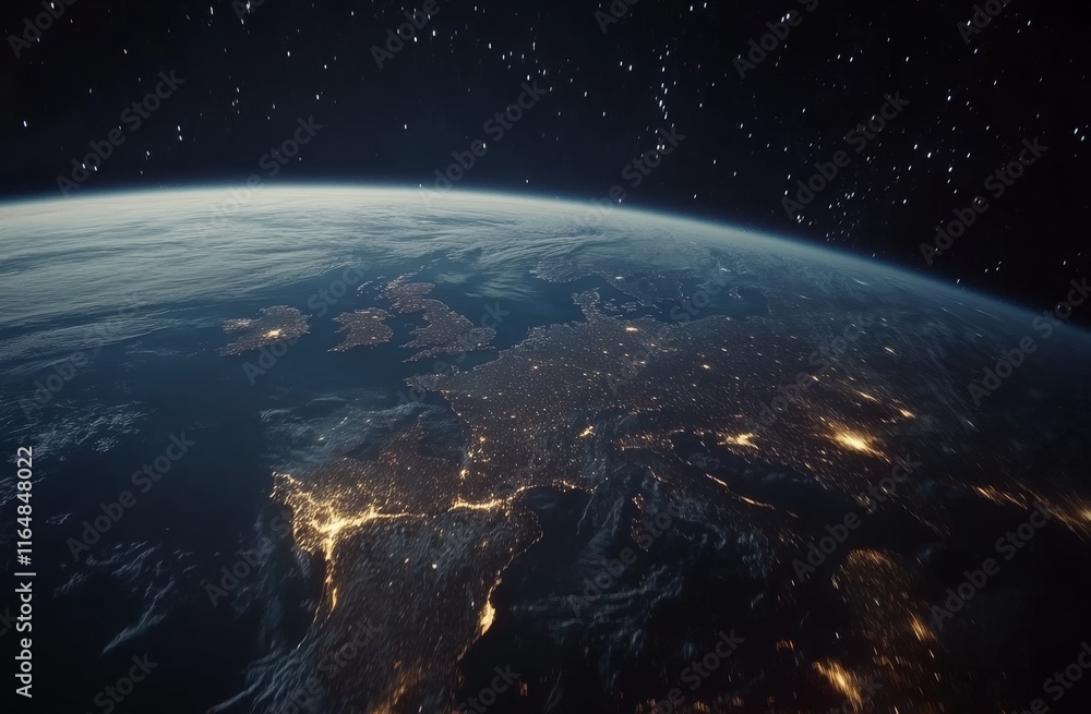 Fototapeta premium Night view of Earth from space, showcasing Europe's city lights and atmospheric details.