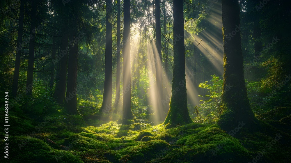 Obraz premium Sunbeams Illuminate Mossy Forest Floor