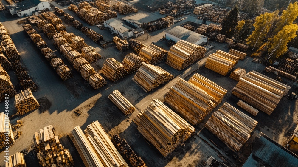 Fototapeta premium Aerial view of a plywood factory surrounded by stacks of logs and finished products in a sprawling yard.