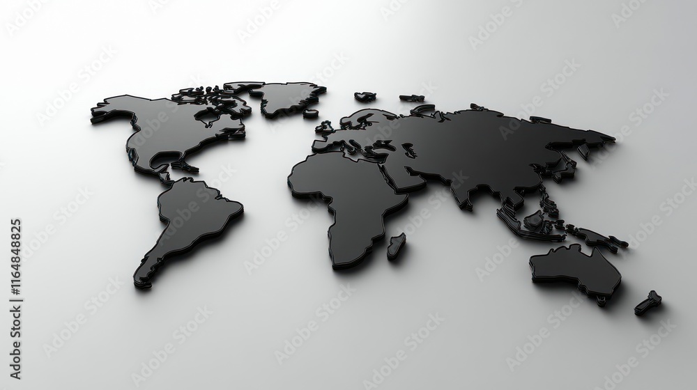 3D black world map on white background. 3D black world map on white background.