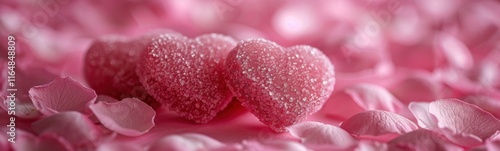 There is a pink flower with petals on it and a heart shaped cookie, banner, copy space