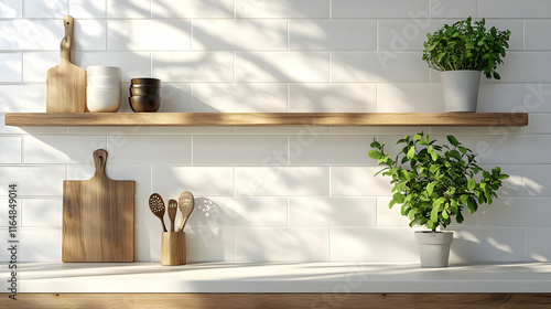 3D Kitchen Shelf Illustration: Sunlight, Plants & Utensils photo