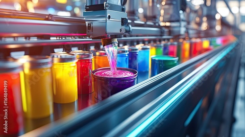 Automated filling machines pouring colorful paint into cans on a fast-moving conveyor belt.