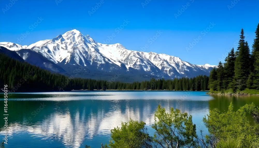 Towering snow capped mountains in the background, with a tranquil lake in the foreground. Towering snow capped mountains in the background, with a tranquil lake in the foreground.