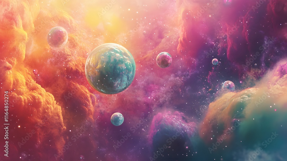 Naklejka premium Celestial Bodies Orbiting Within A Vibrant Nebula