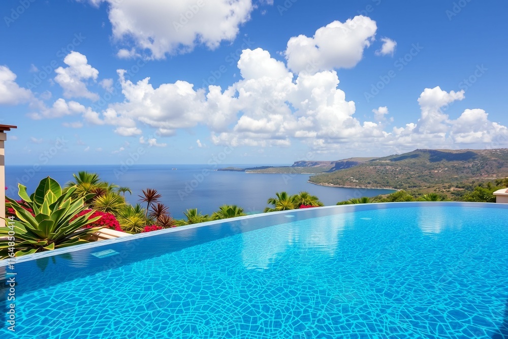Fototapeta premium Infinity pool with tropical plants and coastal view.generative AI