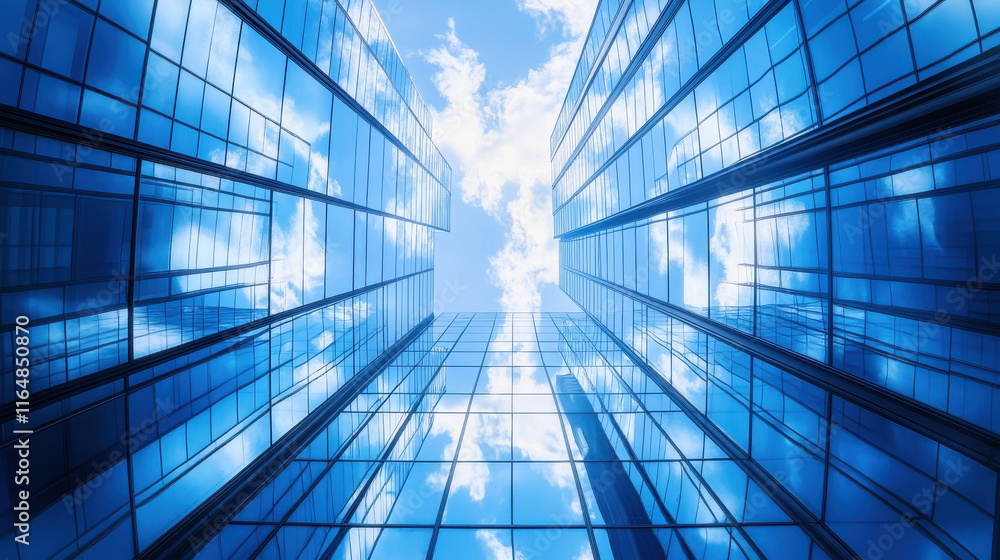 Modern skyscraper office building with blue glass windows and a sky background, viewed from below. Modern skyscraper office building with blue glass windows and a sky background, viewed from below.