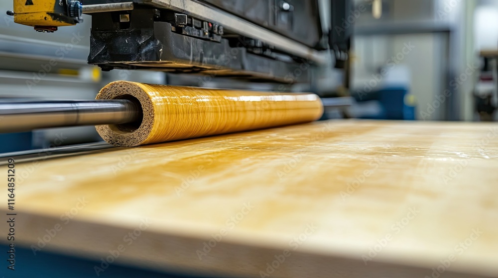 Naklejka premium Close-up of adhesive being evenly applied to wood veneers by automated rollers for plywood production.