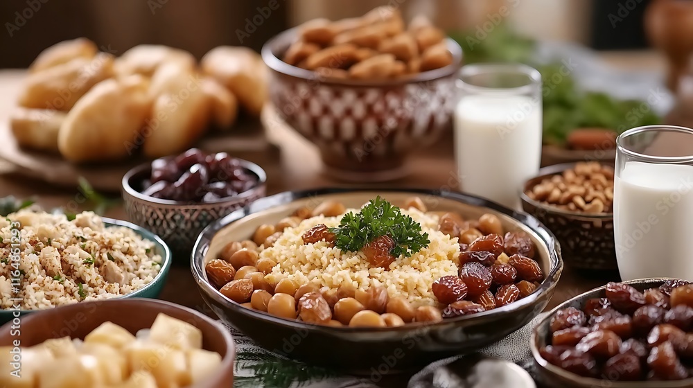 A cozy home iftar with family, featuring a table full of delicious food, dates, milk, and lively conversation around the meal A cozy home iftar with family, featuring a table full of delicious food, dates, milk, and lively conversation around the meal
