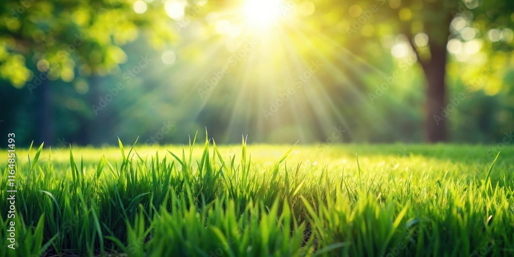 Vibrant Green Grass Illuminated by the Warm Rays of the Setting Sun in a Lush Park Setting