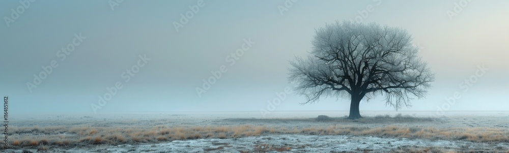 There is a lone tree in a field with a foggy sky, banner, copy space There is a lone tree in a field with a foggy sky, banner, copy space