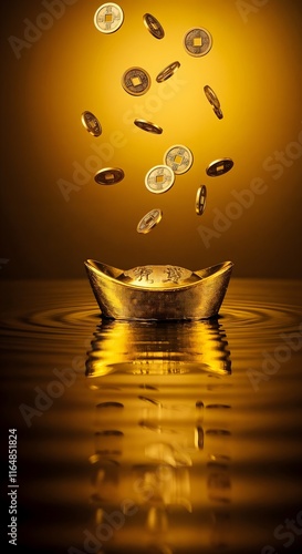 Gold ingot (Yuanbao) with cascading coins and rippling golden water, representing wealth, good fortune and traditional Chinese culture