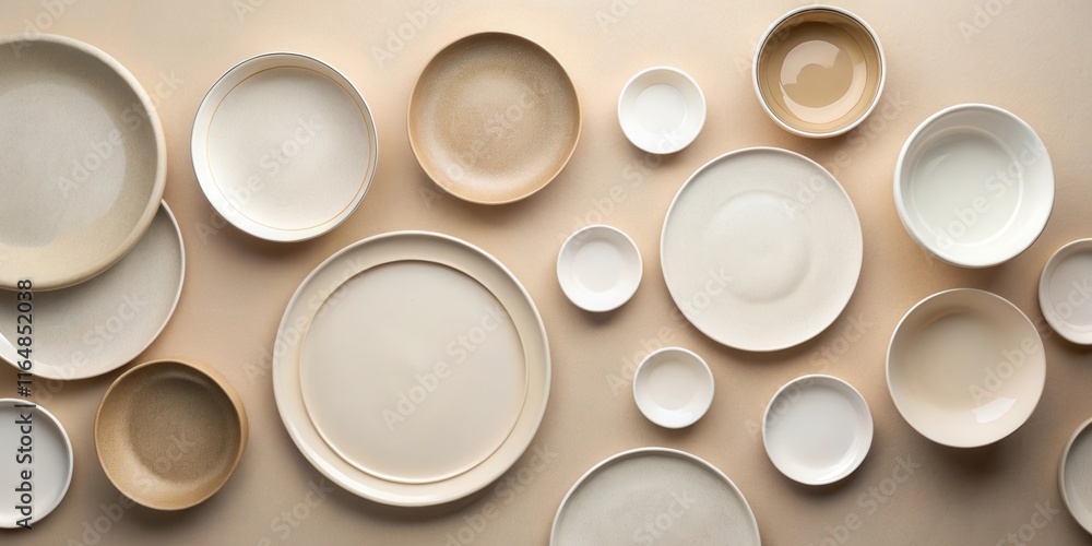 A collection of elegant neutral-toned ceramic tableware arranged on a beige surface A collection of elegant neutral-toned ceramic tableware arranged on a beige surface