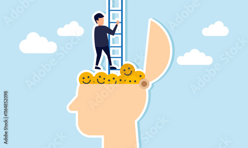 A businessman climbing stairs made of a head filled with happy emoticons, illustration of ignoring and escaping false market attention