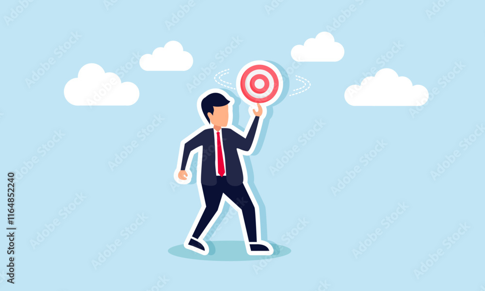Businessman spinning a target board on his finger, illustration of enjoying business target achievement Businessman spinning a target board on his finger, illustration of enjoying business target achievement