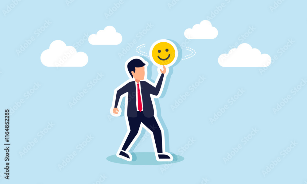Businessman spinning a happy emoticon on his finger, illustration of enjoying executing strategies to gain market attention Businessman spinning a happy emoticon on his finger, illustration of enjoying executing strategies to gain market attention