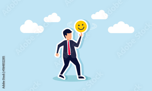 Businessman spinning a happy emoticon on his finger, illustration of enjoying executing strategies to gain market attention
