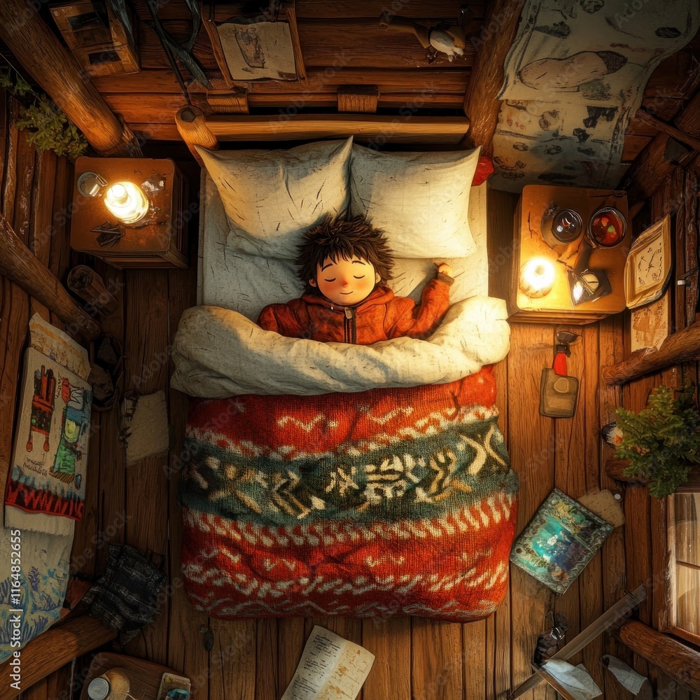 A cozy cabin scene with a child in bed, surrounded by warm decor and personal items.
