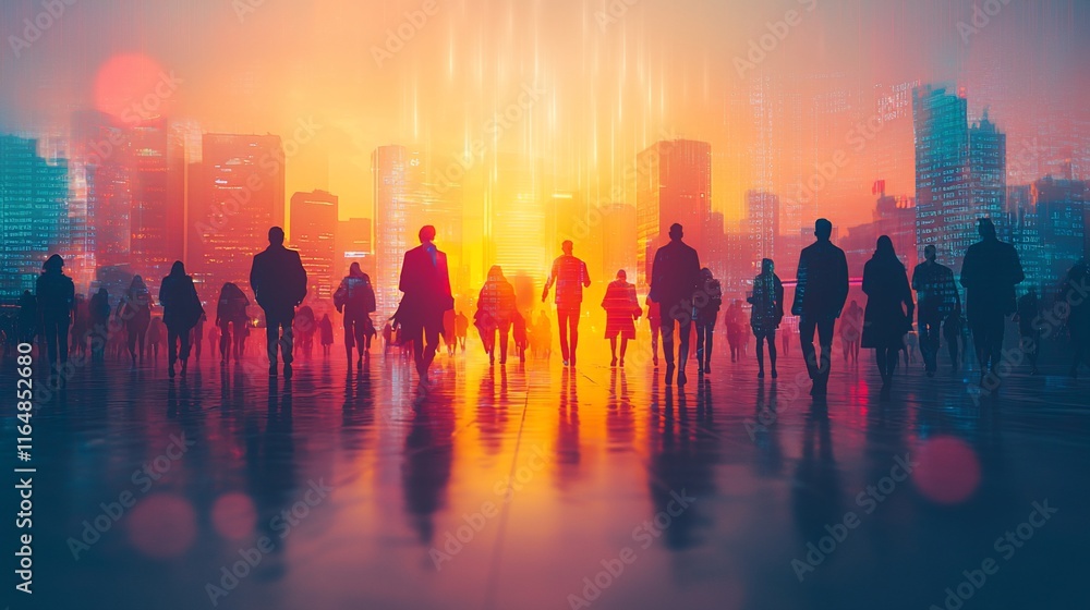 Silhouetted crowd walking towards city skyline at sunset. Silhouetted crowd walking towards city skyline at sunset.