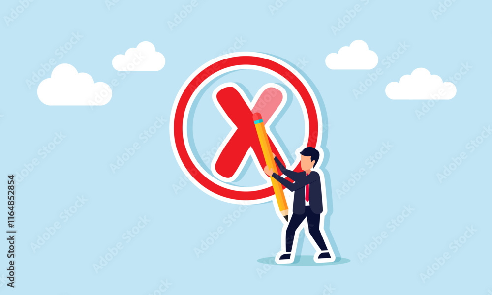 A businessman trying to erase a cross or X mark using a pencil eraser, illustration of progress in reclaiming seized assets