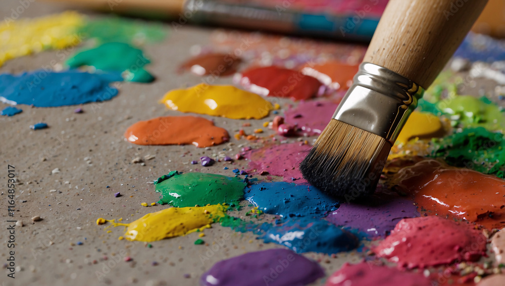 Fototapeta premium Artist’s Palette with Blending Colors and Poised Brush