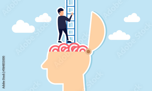 A businessman climbing stairs made of a head filled with target boards, illustration of ignoring and escaping from business targets