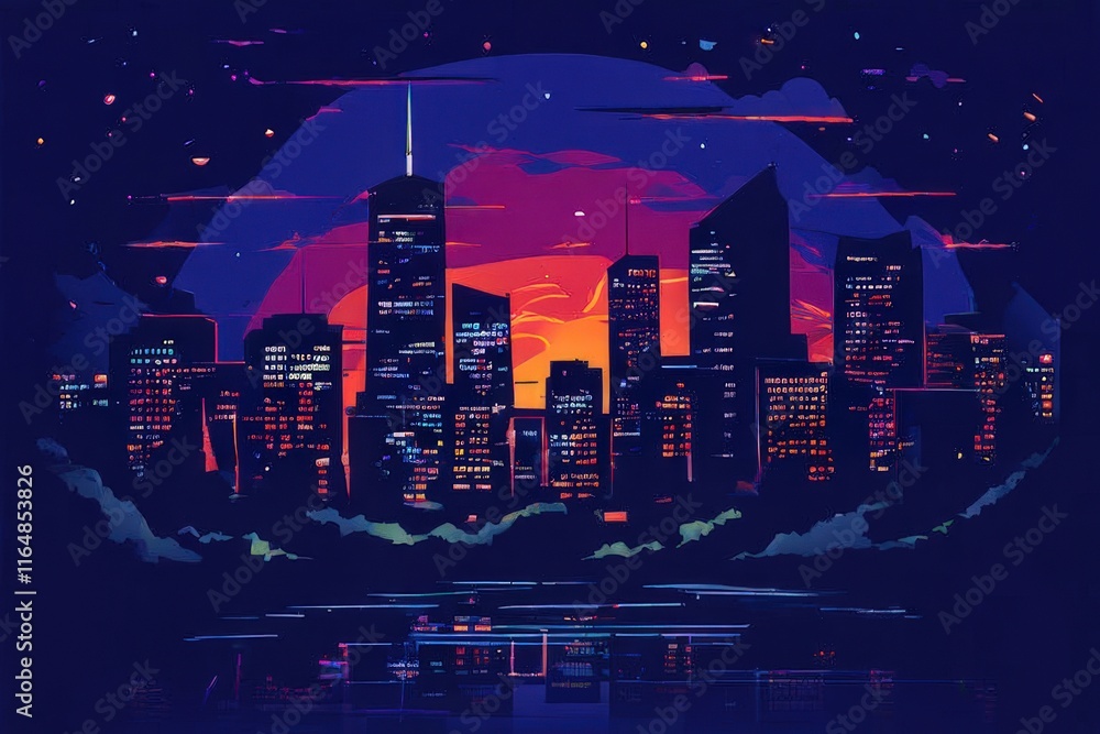 Naklejka premium the AI Image Generator, Cityscape with Illuminated Skyscraper