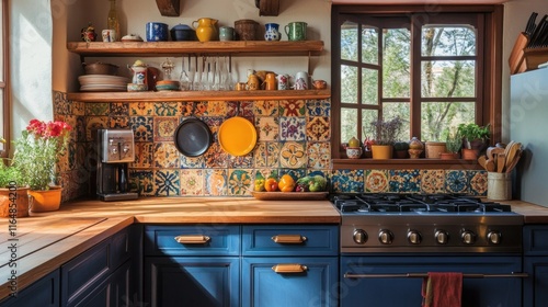 Sunny kitchen with colorful tile backsplash, wooden shelves, and blue cabinets.